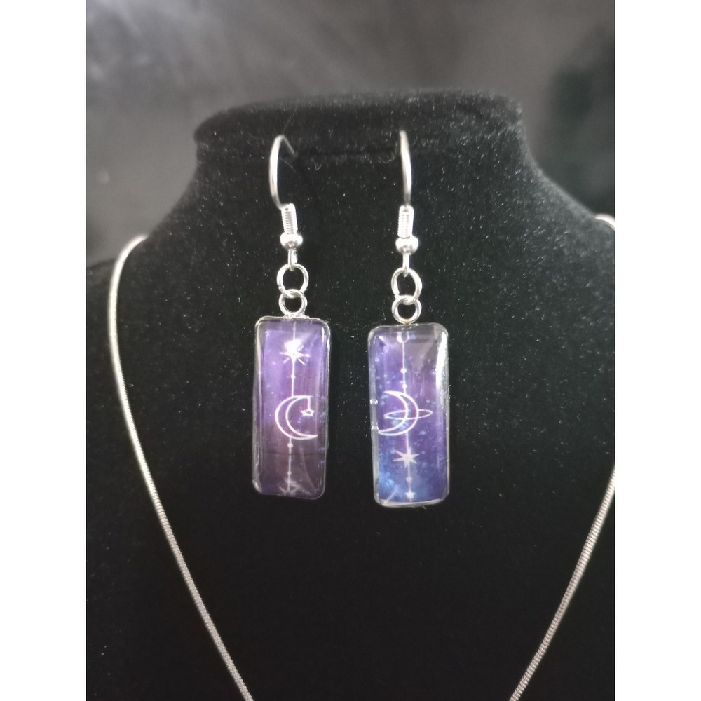 NEW Handmade Celestial Resin Necklace Earring Set Purple Galaxy Moon Star... - Picture 2 of 4